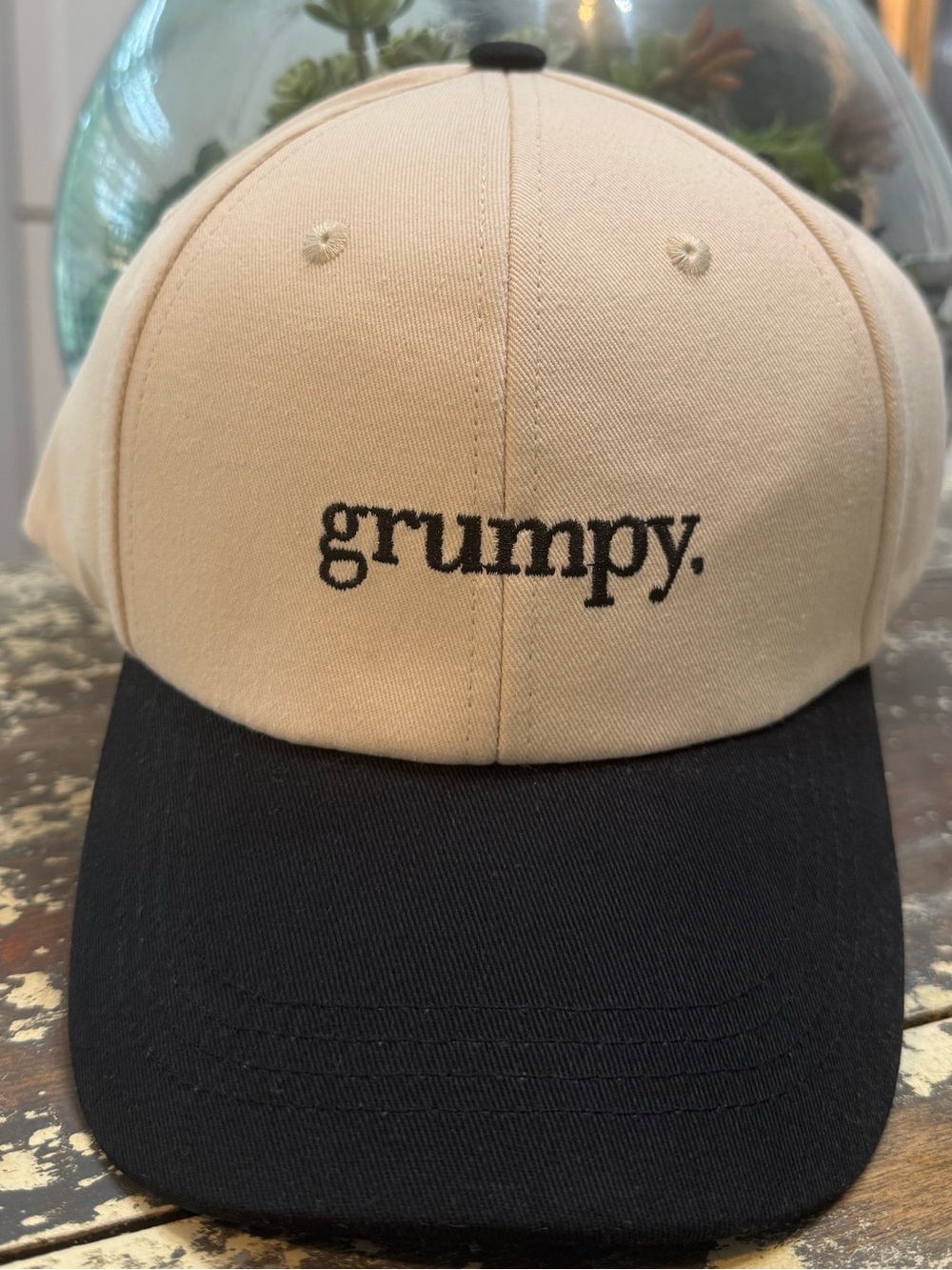 Beige & Black 'grumpy.' Embroidered Baseball Cap